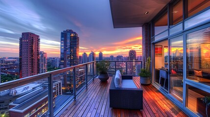 Urban City Condominium Interior Design: Living Room and Balcony Terrace with Sunset Background