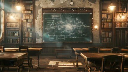 victorian classroom in sepia tone, facing a chalkboard - obrazy, fototapety, plakaty