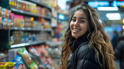 Smiling young woman assistance cashier serving and helping customers.