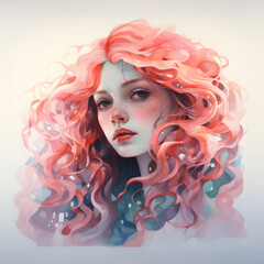 Ethereal beauty: A captivating watercolor portrait of a woman with flowing coral hair