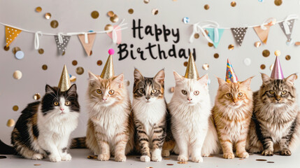 Several adorable cats participating in a birthday party, each wearing a birthday hat. Card with the inscription "Happy Birthday".
