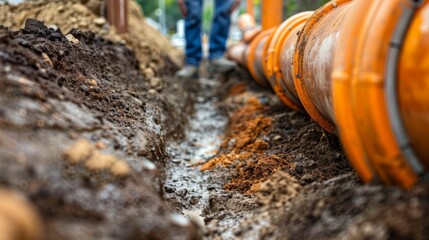 Obraz premium Worker Installing Underground Pipes