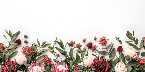 Beautiful floral border of proteas and wattle leaves on white background,