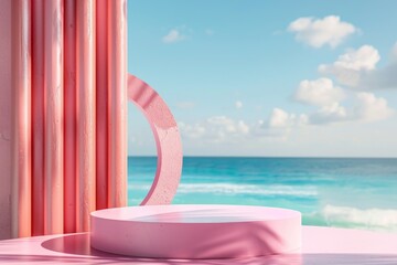 Pink Sculpture on Table by Ocean