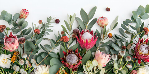 Beautiful decorative pink king protea flower surrounded by pink ice proteas and wattle leaves, creating a floral border on a rustic white background - obrazy, fototapety, plakaty