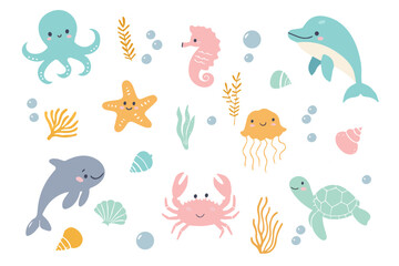 Set with hand drawn sea life elements. Sea creatures. Vector doodle isolated on white background. Cartoon set of sea life objects for your design.