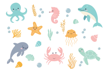 Papier Peint photo Sous la mer Set with hand drawn sea life elements. Sea creatures. Vector doodle isolated on white background. Cartoon set of sea life objects for your design.