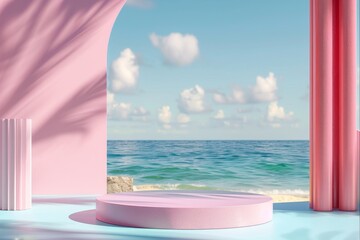Fototapeta na wymiar Pink Bench on Beach by Ocean