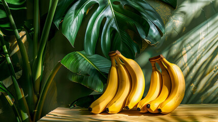 Ripe bananas on a wooden surface, tropical background. - Powered by Adobe