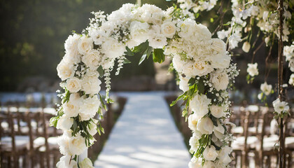 Close-up of floral arch with white flowers at wedding ceremony. Beautiful decor.