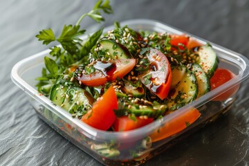 Fatoush salad with balsamic glaze in a takeout container a fresh Middle Eastern dish