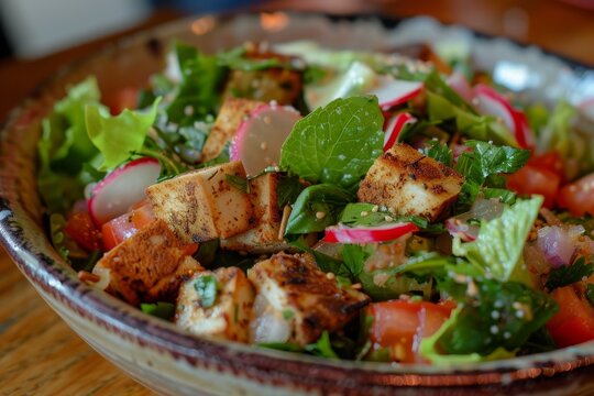 Fattoush is a Middle Eastern salad with khubz mixed greens radishes and tomatoes