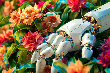 A photo of a robot hand holding a flower.