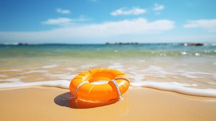 Tourists use inflatable rubber rings for sea play, emphasizing beach safety through equipment for enjoyable and safe aquatic activities.
