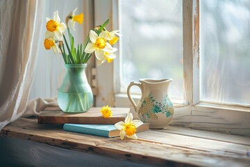 Easter inspired scene Greeting card mockup coffee books cutting board milk pitcher and flowers on windowsill Floral arrangement with daffodils and tulip
