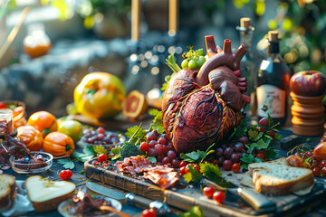 A realistic still life painting of a heart made of meat and vegetables, with fruits and other food items on a wooden table.