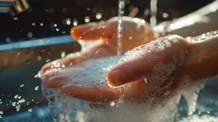 Golden light illuminating washing hands
