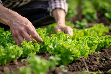 Farmer planting young lettuce seedlings in the garden