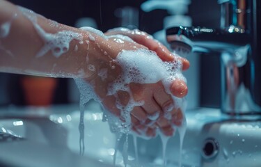 Fototapeta premium Washing hands with soap under bathroom sink
