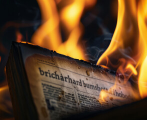 Burning newspaper with bright orange flames