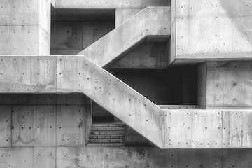 Monochrome image showcasing a brutalist architectural style staircase demonstrating geometric form...