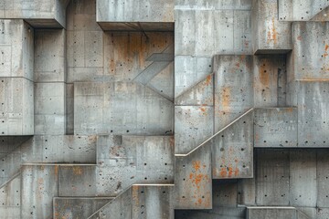 High-detail image capturing the aging of a brutalist architecture with rust stains and monochromatic tones