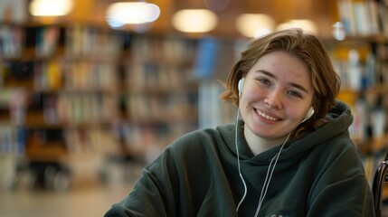 A Smiling Woman in a Library