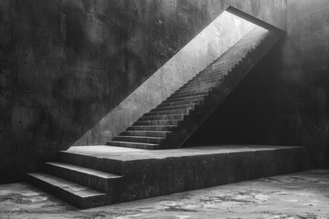 A high contrast black and white image capturing the geometric beauty of an abandoned staircase in a concrete setting - 782356939