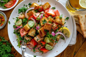 Fattoush salad on white plate with pita croutons fresh vegetables herbs and toppings authentic recipe top view close up