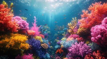 In the depths, coral reefs create a mesmerizing tapestry of shapes and colors, a testament to t