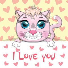 Love you valentine's day greeting card with animal. Cute hero with beautiful eyes, expressive.