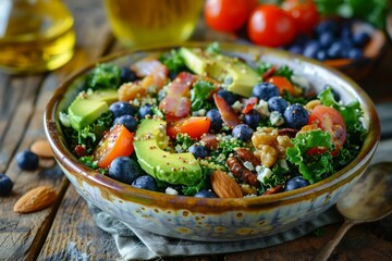 Quinoa salad with kale arugula almonds blueberries walnuts tomatoes bacon blue cheese avocado and olive oil from American or French restaurants