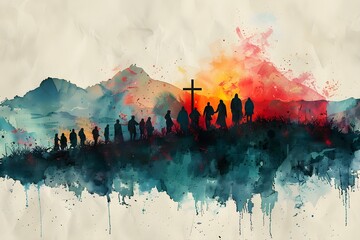 Abstract Watercolor of Judean Ministry at Sunset. Concept Watercolor Painting, Biblical Scene, Judean Ministry, Sunset Colors, Abstract Art - obrazy, fototapety, plakaty