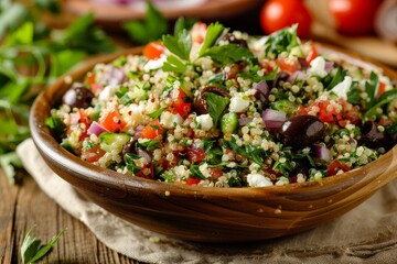 Quinoa tabbouleh salad bowl healthy mix of tabbouleh greek salads with fresh parsley olives onions feta replacing bulgur with quinoa
