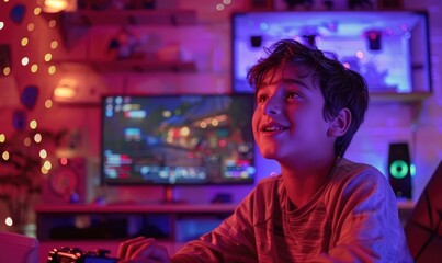 Fototapeta na wymiar Happy kid gamer in gaming room