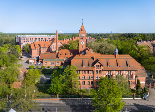Wroclaw, Poland. Aerial view of Pracze Odrzanskie historic district with red brick buildings built in 1899-1913