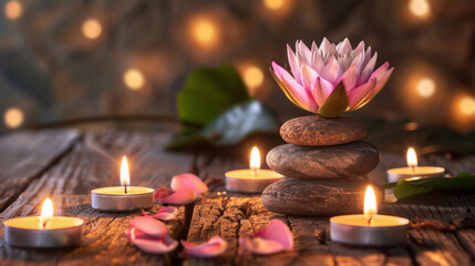 Obraz na płótnie Canvas Harmonious lotus and candle arrangement with petals