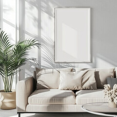 Mockup frame in living room interior background. 3d render.