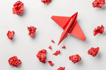 Red paper plane and crumpled paper on white background represent innovative and inspiring concepts
