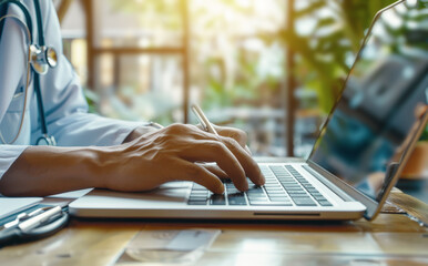 Healthcare professional typing on a laptop, medical analysis