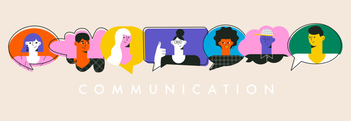 Diversity man and woman talking together. Different people with speech bubbles. Expressing opinion, communication concept. Teamwork, connection. Colorful flat vector illustration - 782359120
