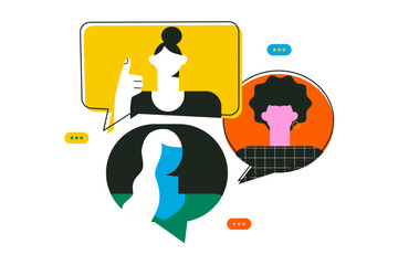 Diversity woman talking together. Different girls with speech bubbles. Expressing opinion, discussion, communication concept. Teamwork, connection, friendship. Colorful flat vector illustration