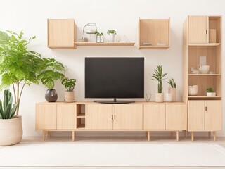 Interior living room with wooden cabinet and accessories against blank white wall background