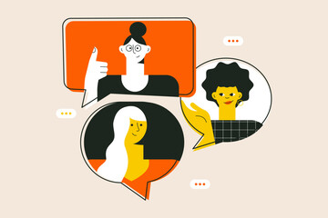 Woman i IT concept. Three woman talking together. Different girls with speech bubbles. Expressing opinion, discussion, communication concept. Teamwork, connection. Colorful flat vector illustration - 782359136