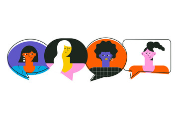 Four woman talking together. Different girls with speech bubbles. Expressing opinion, discussion, communication concept. Teamwork, connection, friendship. Colorful flat vector illustration