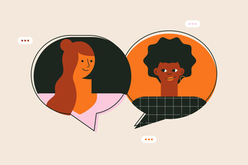 Two women with a speech bubble. Expressing opinion, communication concept. Diverse. Portrait of beautiful girls talking, saying. Attractive female face. Flat vector illustration