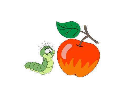 Vector illustration of a cartoon worm looking at an apple