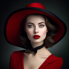 Fashion portrait of elegant young woman in hat with red lips 