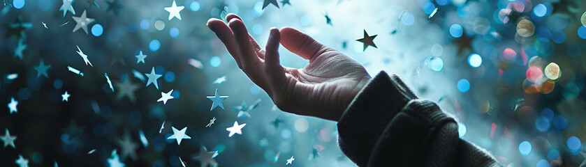 Dynamic image of a hand reaching for a star, amidst other stars, signifying approval, rating, and achievement