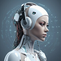 futuristic person robotic girl in headphones listening to modern music 
